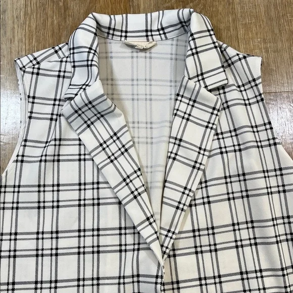 Melloday Longline Vest Windowpane Print White Black Open Front Medium M EUC - Picture 3 of 12